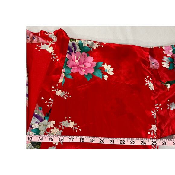 Red Satin Floral Peacock Kimono Robe 37” Long OS Belted Lightweight - Picture 6 of 7